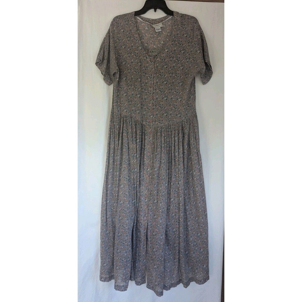 S Roberts Women M Floral Maxi Dress Peasant Multicolor Button Front Short Sleeve